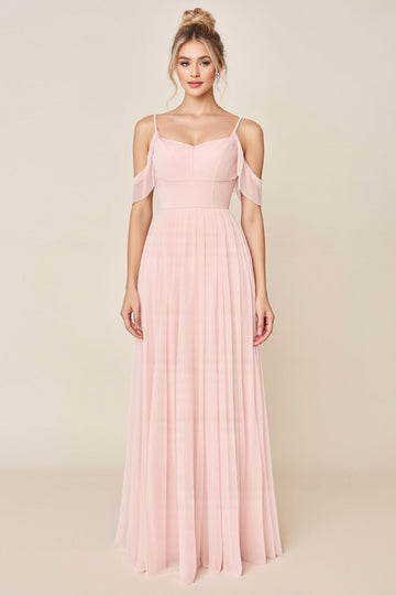 Blushing Pink A Line Cold Shoulder Tulle Long Bridesmaid Dress